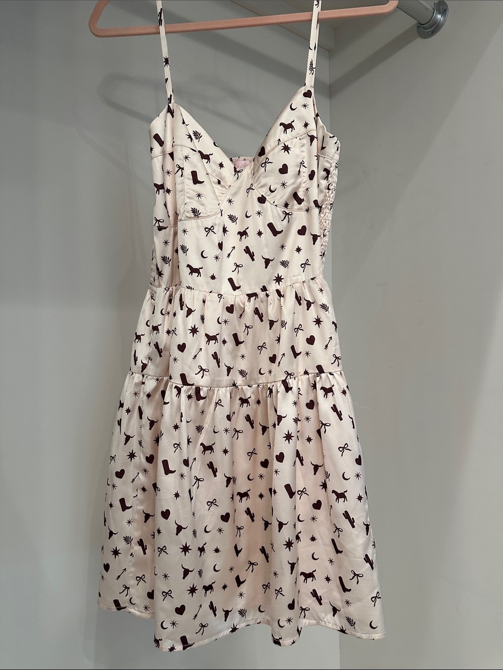 Pink Lily small cream  Mini Dress with Brown Motif .  Like new